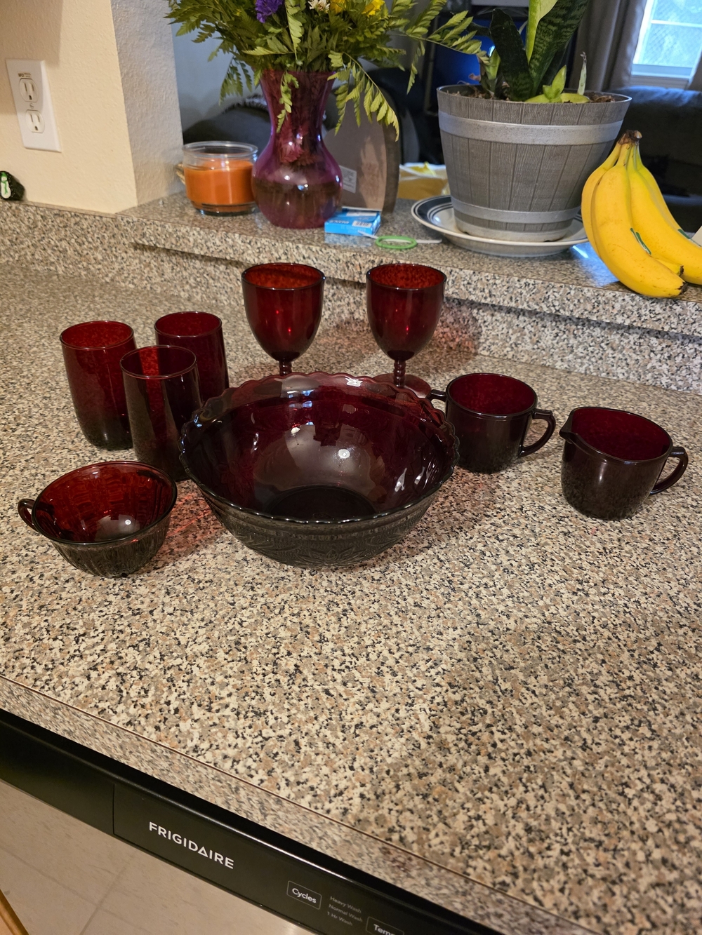 Vintage Anchor Ruby Red Hocking Set Of 9 Glasses/Sugar And Creamer Cups/bowl